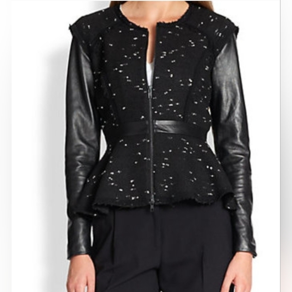 Milly Tweed Leather Black & White Zip Up Peplum Jacket Size 2